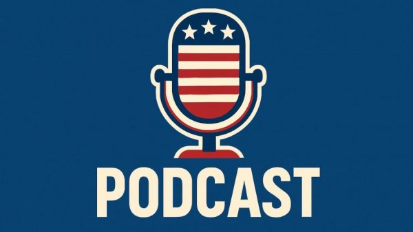 Veterans Radio podcast logo with patriotic theme and microphone.