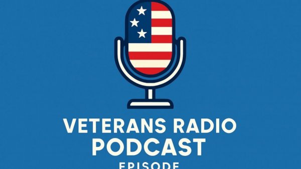 Veterans Radio podcast logo with microphone and USA flag on blue for Pacific Atrocities Education WWII.