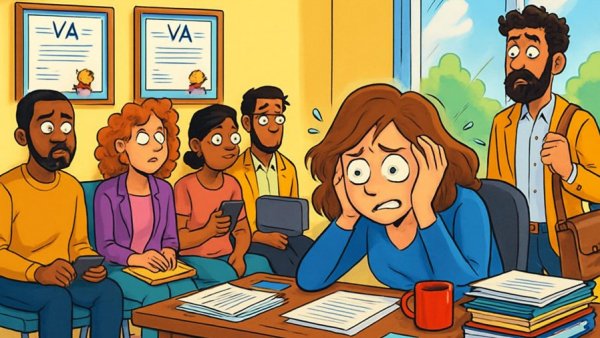 Cartoon of diverse group waiting in office with stressed woman, VA context.