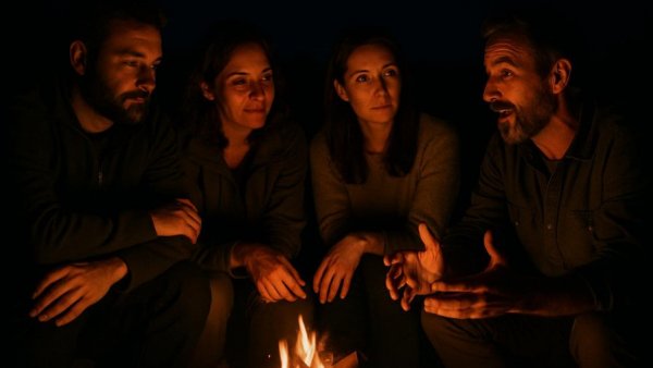 Evening gathering at veteran retreat to combat PTSD under a starlit sky.