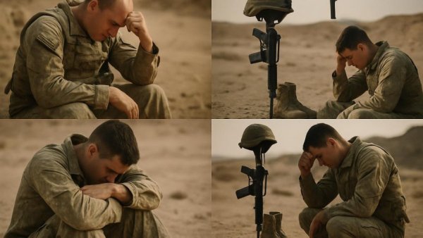 somber collage depicting survivor's guilt among veterans