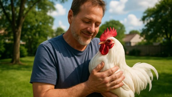 Veteran with his emotional support rooster in a sunny backyard.