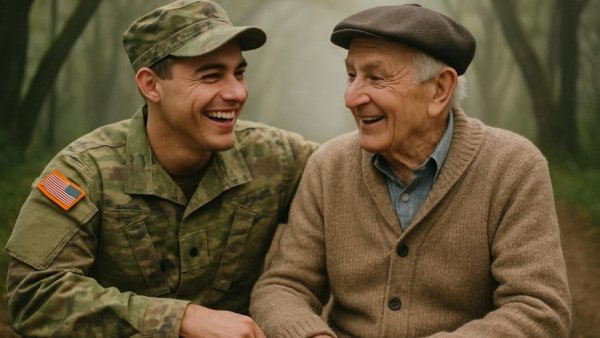 Military family dynamics; a young man in uniform with a smiling companion in a serene setting.