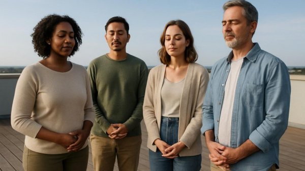 Ibogaine therapy for veterans, diverse group in session on rooftop deck.