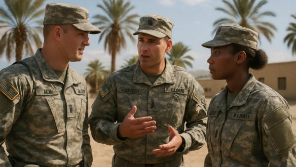 Military personnel engaged in discussion outdoors highlighting veterans' identity after military retirement.