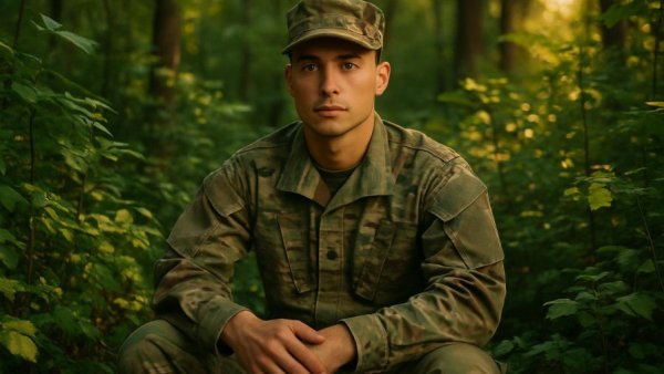 Soldier sitting peacefully in forest, embracing tranquility.