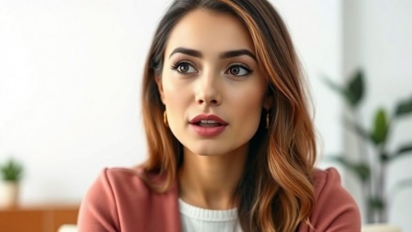 Focused woman speaking in an interview about dental practices, modern setting.