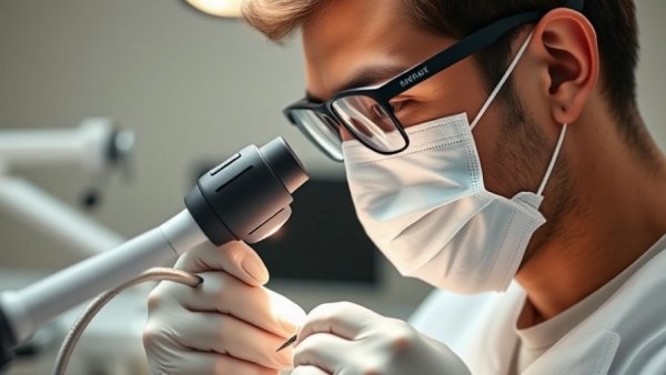 Dentist performing procedure in clinic, highlighting dental practice.