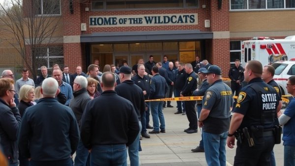 Rhode Island high school hockey game shooting scene with police and onlookers.