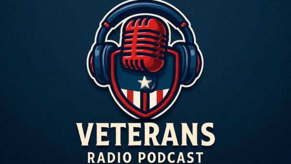 Veterans radio podcast logo with microphone and patriotic theme.