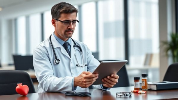 Doctor discusses cholesterol and heart health with digital devices.