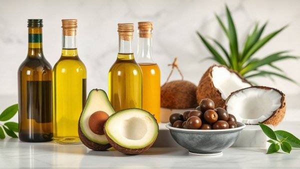 Assortment of best oils to eat and cook with, displayed with olives, avocado, and coconut.