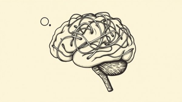 Illustrated brain with tangled thought bubble, mood changes in perimenopause.