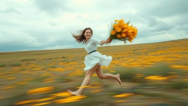 Woman running in a field holding flowers, symbolizing menopause experience and empowerment.