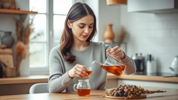 A woman pouring tea in a serene kitchen, Low Progesterone in Perimenopause