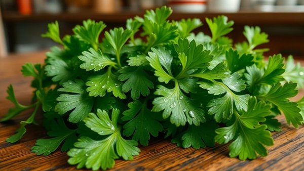 Fresh cilantro leaves on wooden table highlighting health benefits.