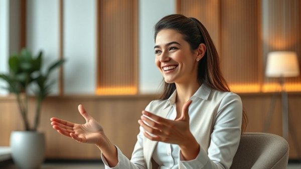 Woman explaining medical billing in dentistry, seated indoors.