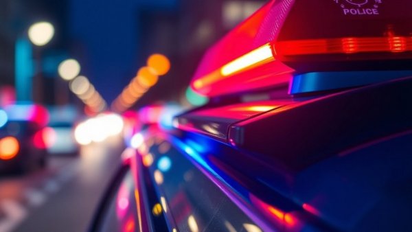 Police car light flashing in urban night for missing man with schizophrenia.