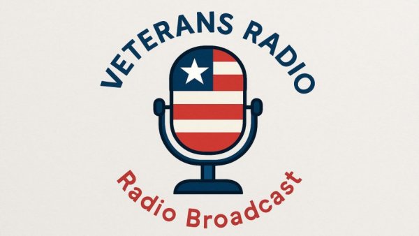 Logo for veterans radio broadcast with USA flag mic design.