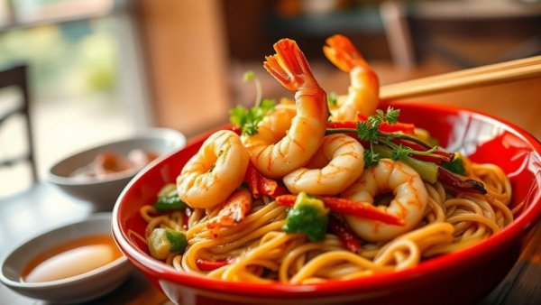Delicious Asian meal with shrimp and noodles; Effects of Skipping Meals.
