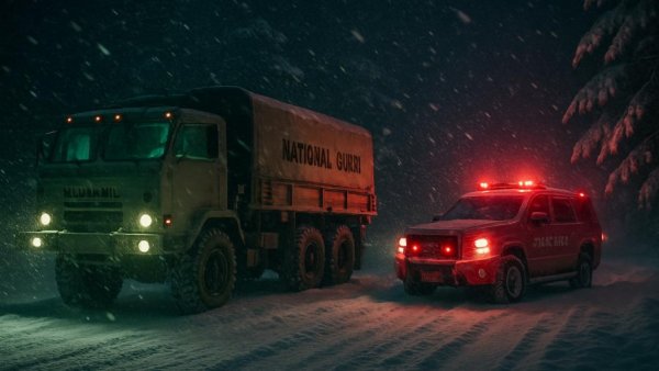 National Guard truck and fire vehicle in snowy blizzard response at night.