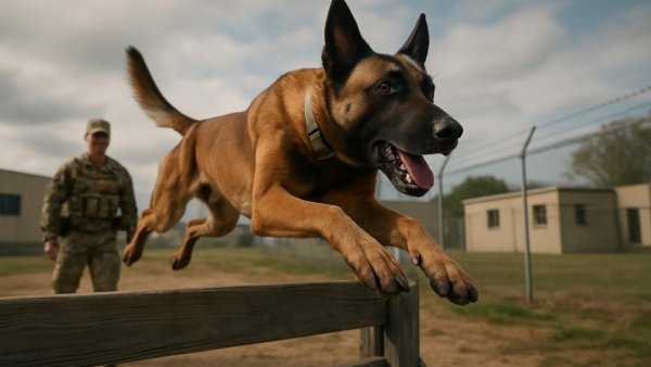 Energetic Belgian Malinois leaps obstacle during military training session.