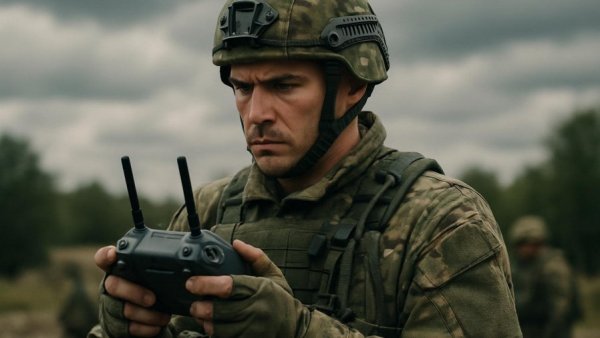 Soldier controls drone in army competition, cloudy sky backdrop.