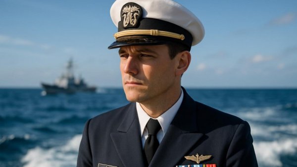 Navy officer on deck with ship in background, clear sea sky.