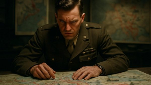 Military officer studies D-Day map, intense concentration in operations room, WWII.