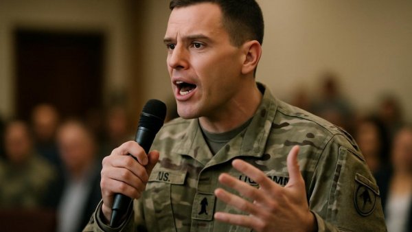 Military speaker discussing Vietnam veteran mental health resources.