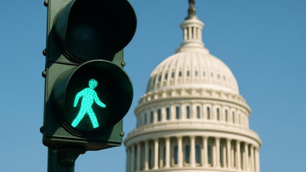 Traffic light with green light in front of Capitol dome.