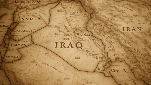 Vintage map of Middle East focusing on Iraq, highlighting regions and cities.