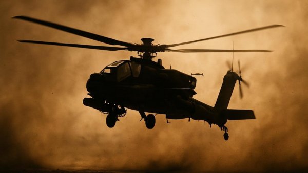 Silhouetted helicopter taking off in dusty environment, related to veteran policies.