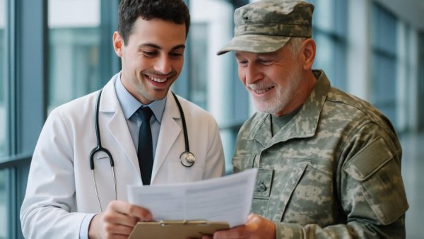 Doctor and veteran discussing VA Community Care Reform in hospital.