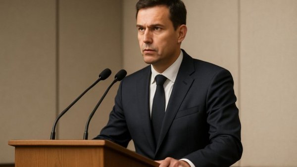 Man speaking at a podium about veteran healthcare options.