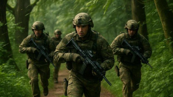 Dynamic soldiers in camouflage patrolling dense forest; related to repealing outdated war powers.