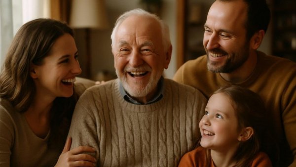 Joyful elderly man surrounded by family, promoting in-home care for the elderly.