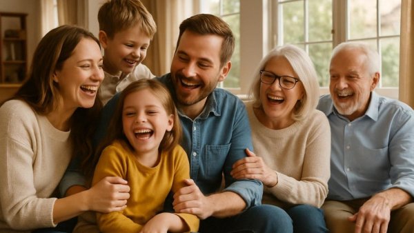 Joyful family moment in living room reflecting caregiver tips for doctor visits.