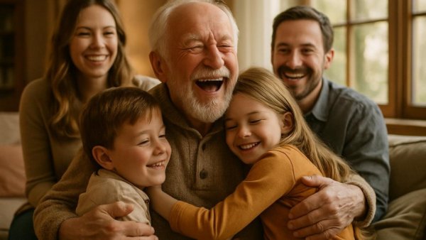 Elderly man laughing with family, highlighting meaningful connections.