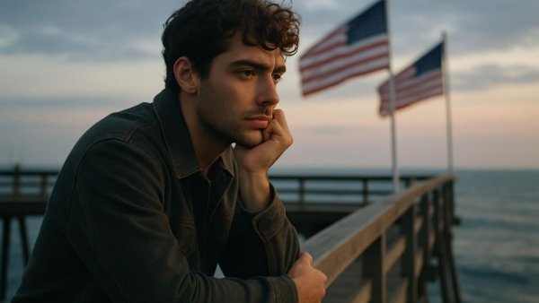 Reflective young man on pier with flags, evening sky.