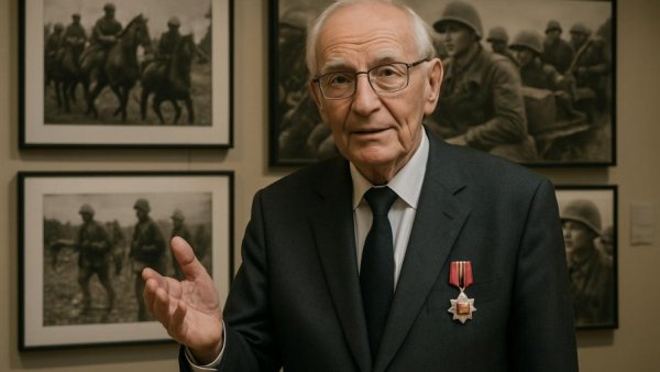 Military hero Jack Jacobs in front of military photo display exhibition.