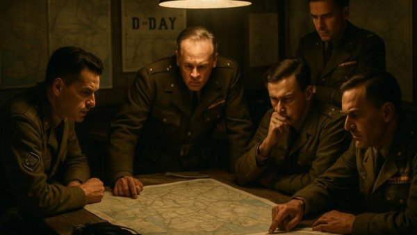 D-Day planning scene with military officers in intense meeting.