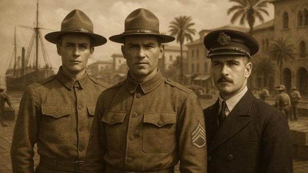 Vintage military photos and historic dock scene for military enthusiast.