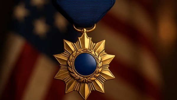 Military medal close-up against American flag background for military enthusiasts.