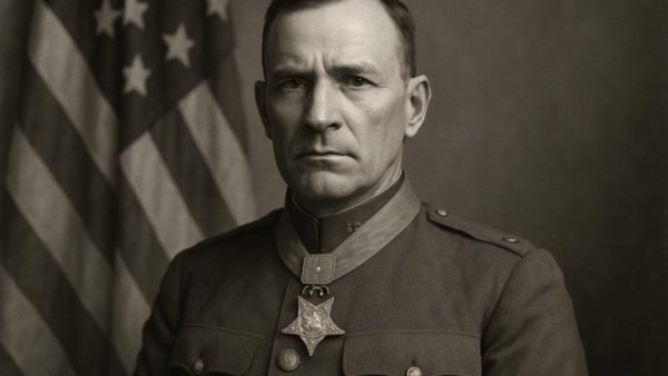 Vintage portrait of military man wearing Medal of Honor, black-and-white.