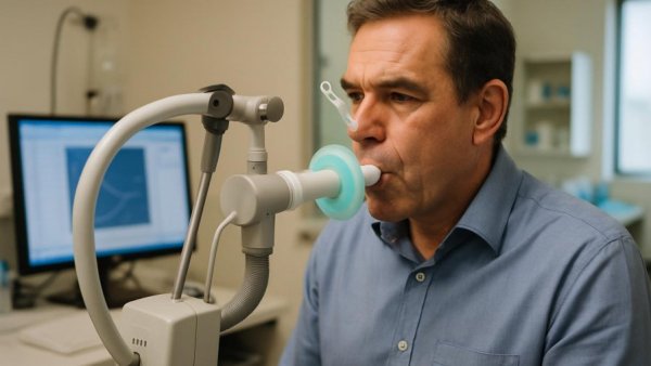 Male patient undergoing pulmonary function test with medical professional in clinic.