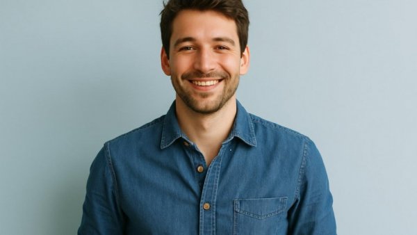 Casual smiling man in denim shirt standing, VA appeal for earlier effective date context.