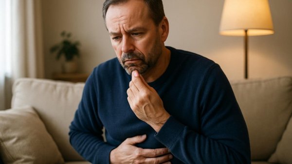 Middle-aged man experiencing discomfort, related to Ulcerative Colitis VA Rating.