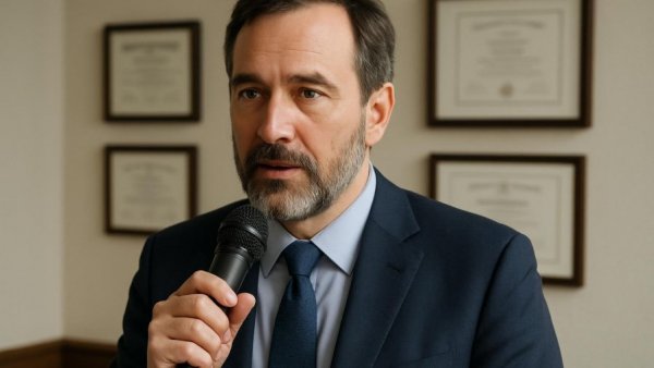 VA Duty to Assist: Man speaking in professional setting with certificates