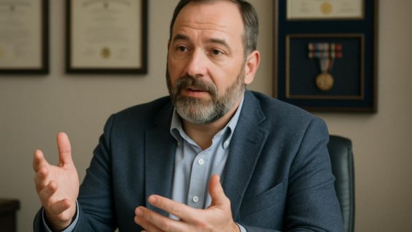 Middle-aged man in office discussing VA Claim Denied Next Steps.